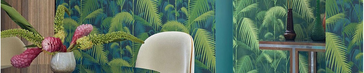Papel pintado Icons de Cole and Son - Decoración con hojas de palmeras y diseños geométricos
